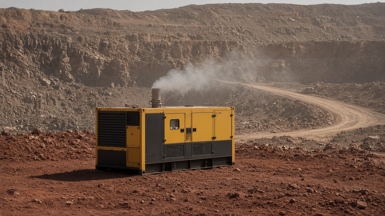 Diesel generator running at a mine, with exhaust smoke
